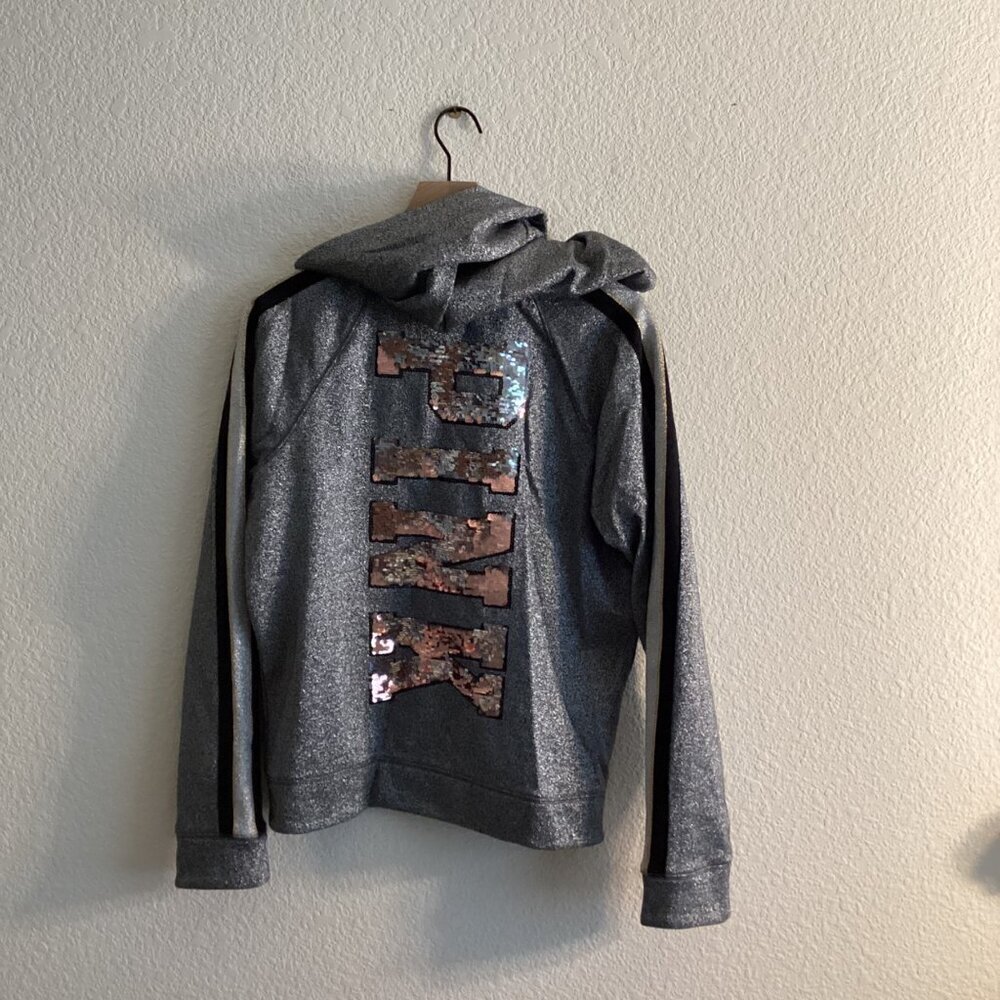 PINK Victoria’s Secret Hoodie Women's Jacket Large – Gray, Sequin Logo, Full Zip - Picture 7 of 9